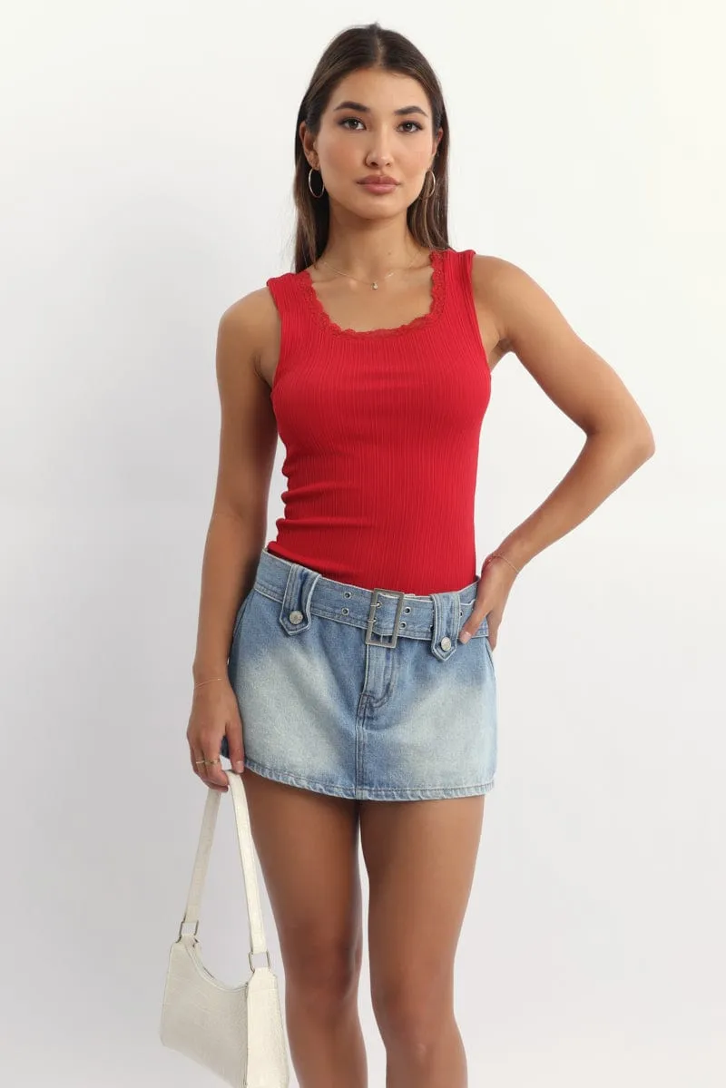 Red Tank Top Sleeveless Lace Trim sold by Ally Fashion