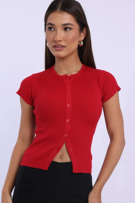 Red Knit Top Short Sleeve Ribbed made by Ally Fashion