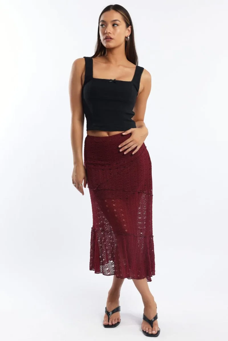 Red Lace Midi Skirt sold by Ally Fashion