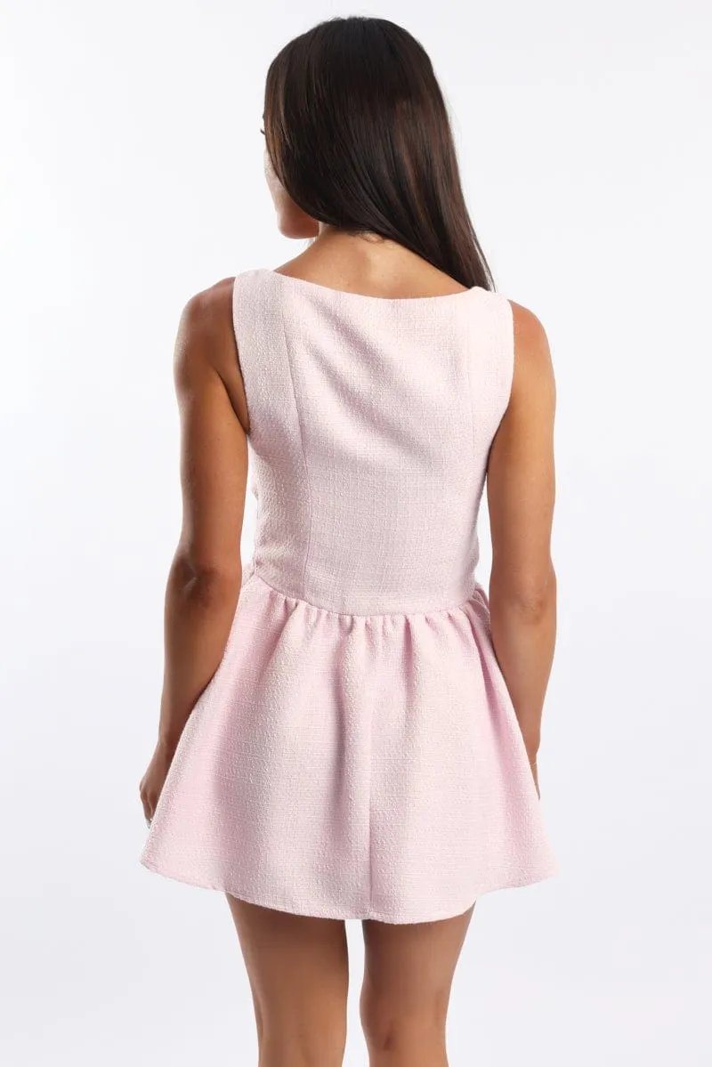 Pink Mini Dress Square Neck Tweed Fabric sold by Ally Fashion product image thumbnail 4