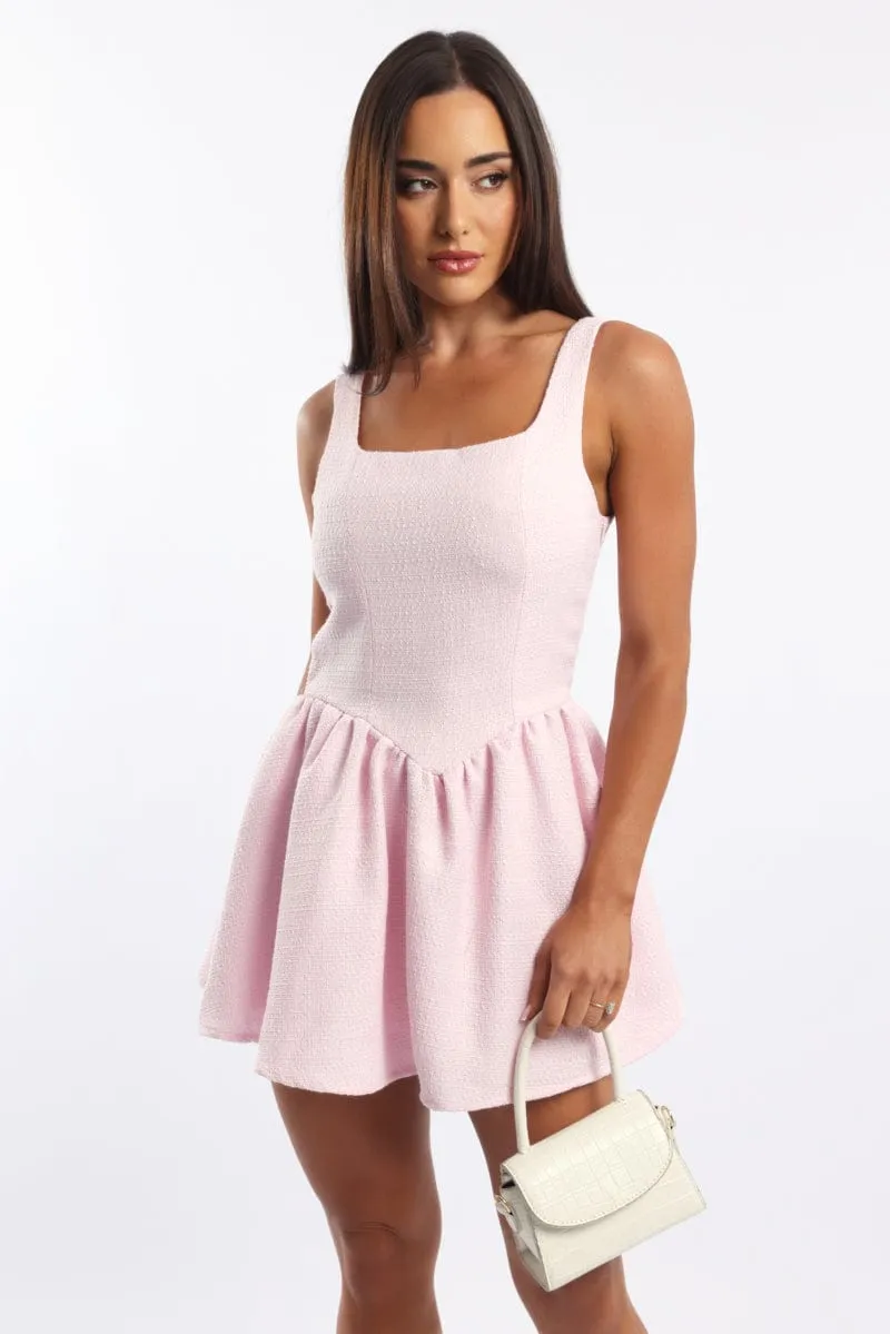 Pink Mini Dress Square Neck Tweed Fabric sold by Ally Fashion