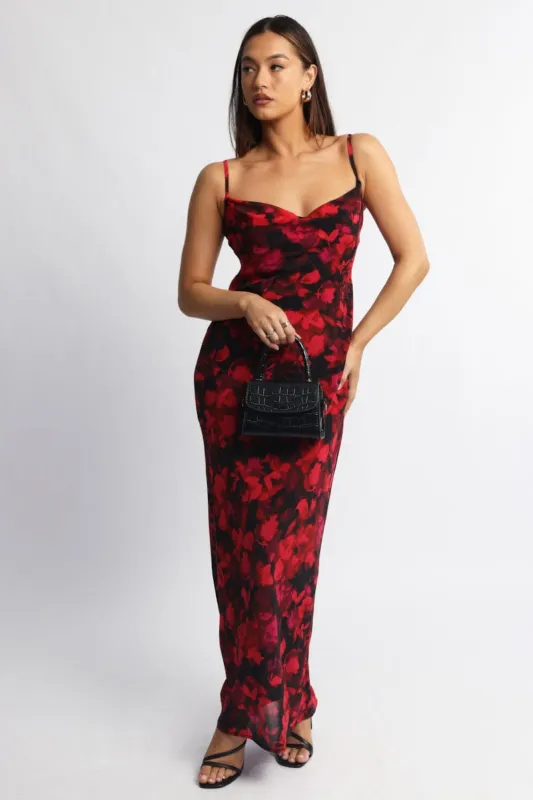 Red Floral Maxi Dress Cowl Neck sold by Ally Fashion