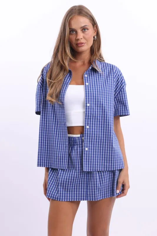 Blue Check Short Sleeve Shirt Button Up sold by Ally Fashion