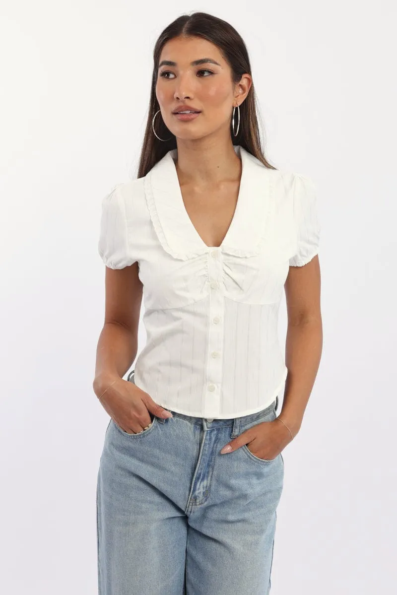 White Puff Sleeve Shirt Peter Pan Collar Button Up sold by Ally Fashion