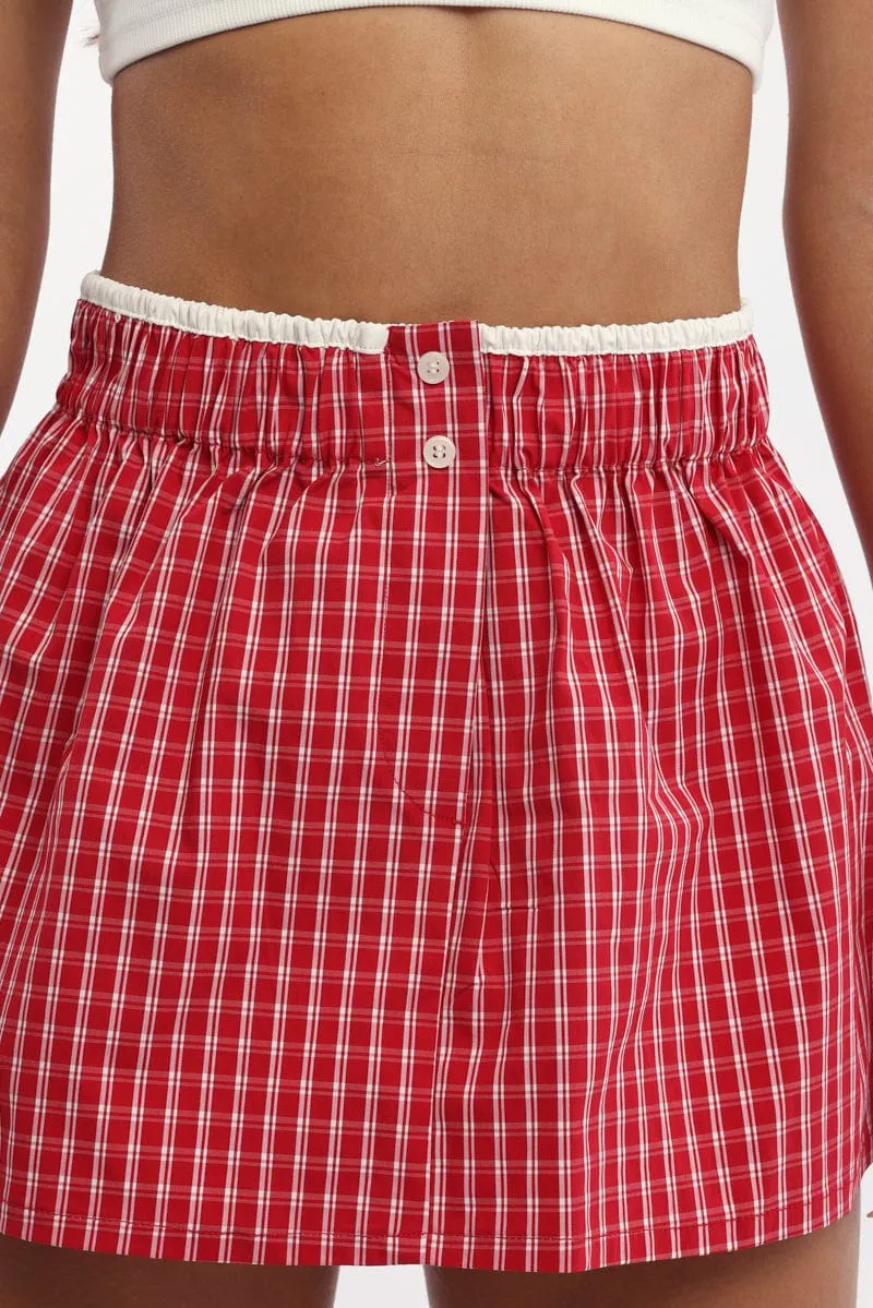 Red Check Boxer Mini Skirt Mid Rise Relaxed Fit sold by Ally Fashion product image thumbnail 5