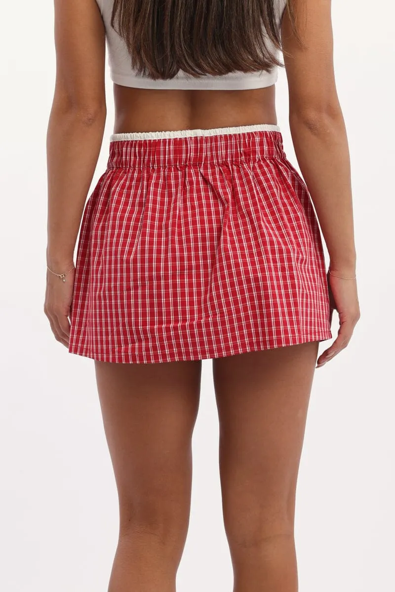 Red Check Boxer Mini Skirt Mid Rise Relaxed Fit sold by Ally Fashion product image thumbnail 4