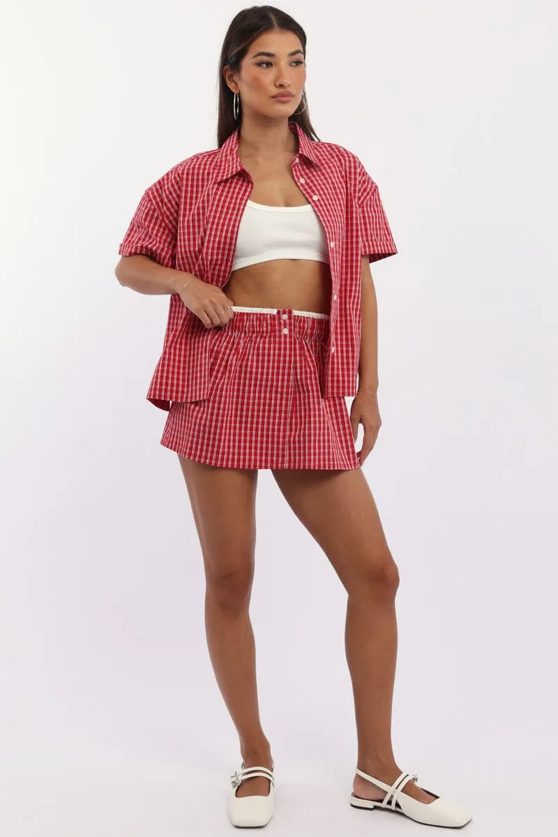 Red Check Boxer Mini Skirt Mid Rise Relaxed Fit sold by Ally Fashion