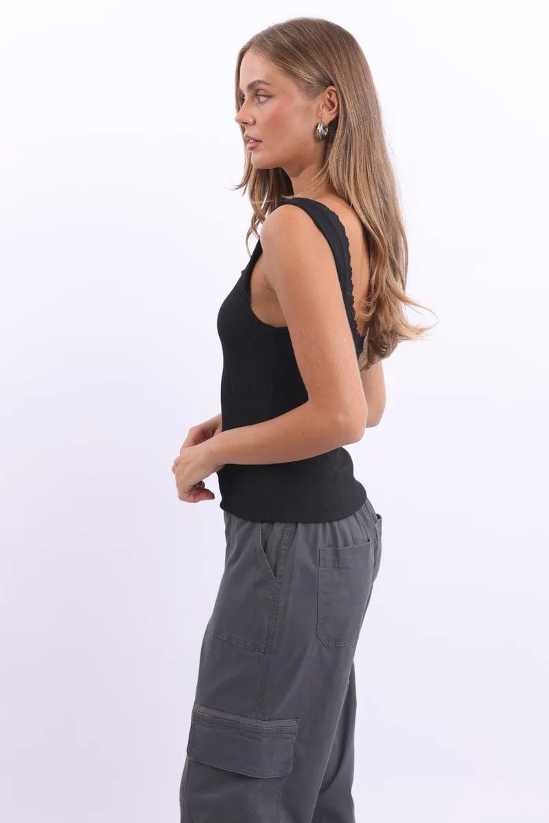 Black Tank Top Sleeveless Lace Trim sold by Ally Fashion product image thumbnail 3