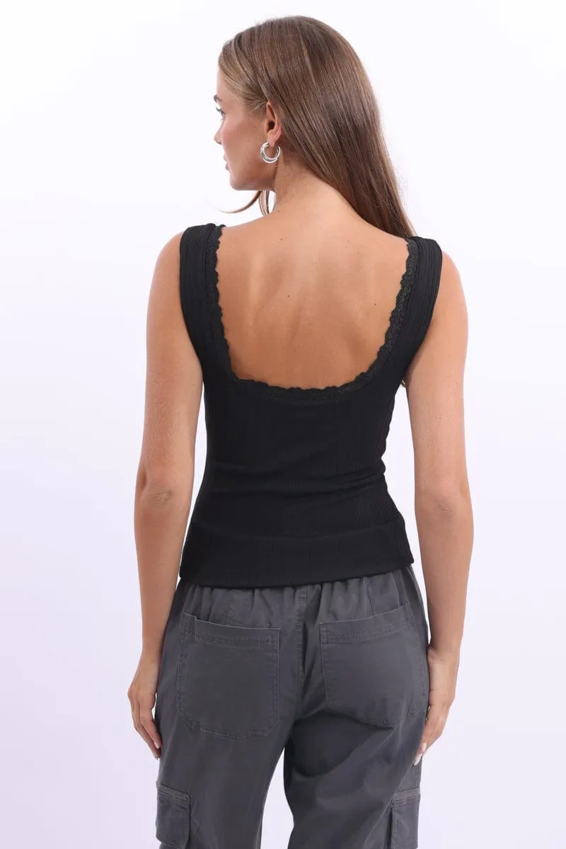 Black Tank Top Sleeveless Lace Trim sold by Ally Fashion product image thumbnail 4