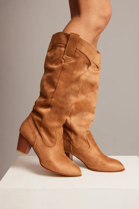 Camel Suede Cowboy Boots sold by Ally Fashion
