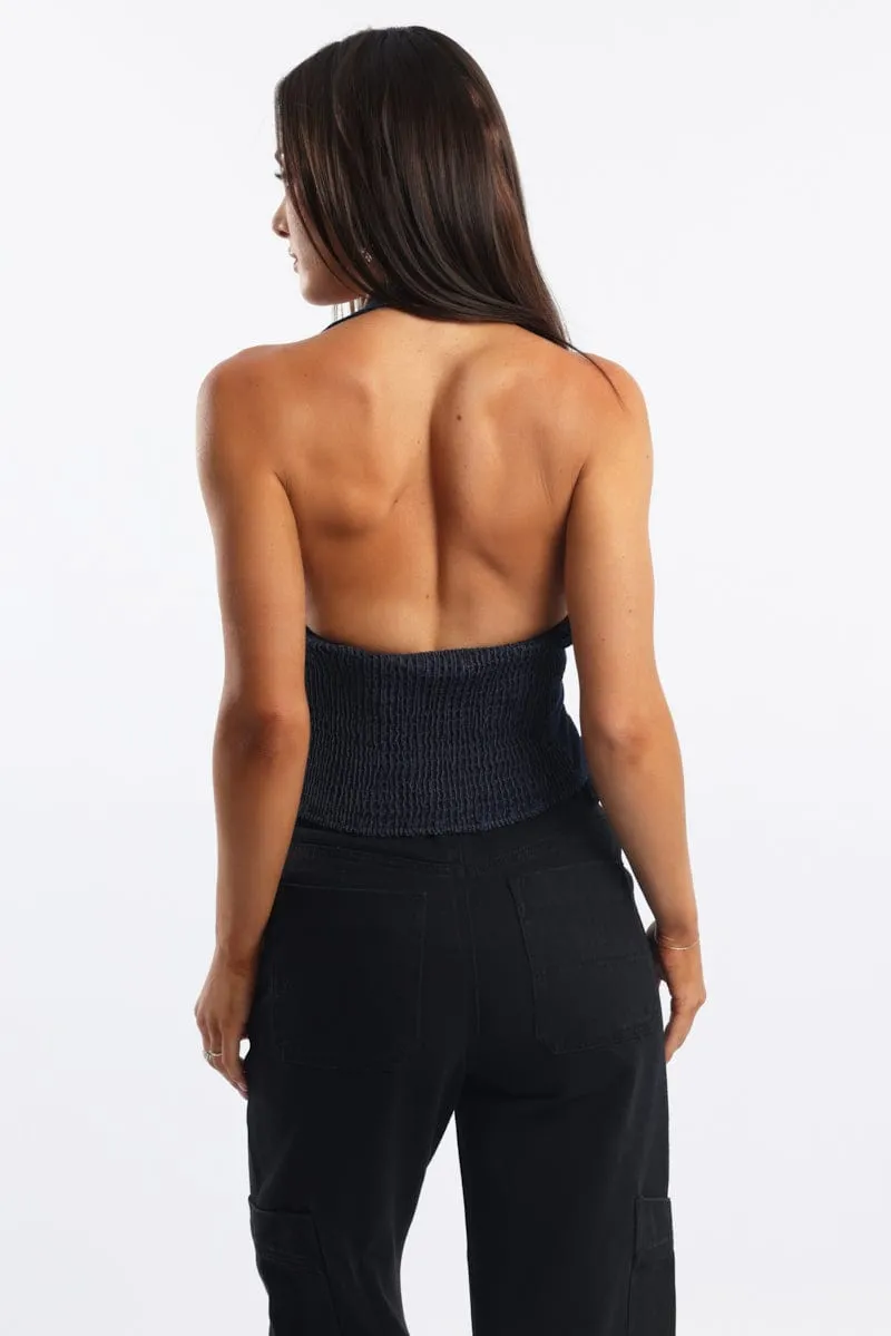 Denim Denim Halter Top Sleeveless Scoop Neck Shirred sold by Ally Fashion product image thumbnail 4