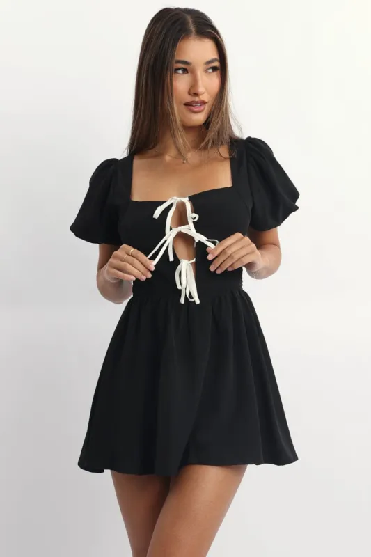 Black Ruffle Playsuit Short Sleeve Front Tie sold by Ally Fashion