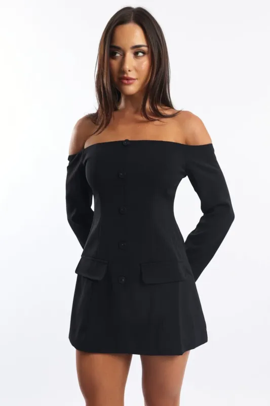 Black Off Shoulder Mini Dress Long Sleeve sold by Ally Fashion