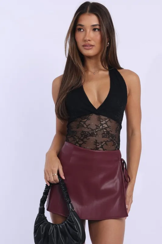 Red Mini Skort Faux Leather Skirt sold by Ally Fashion