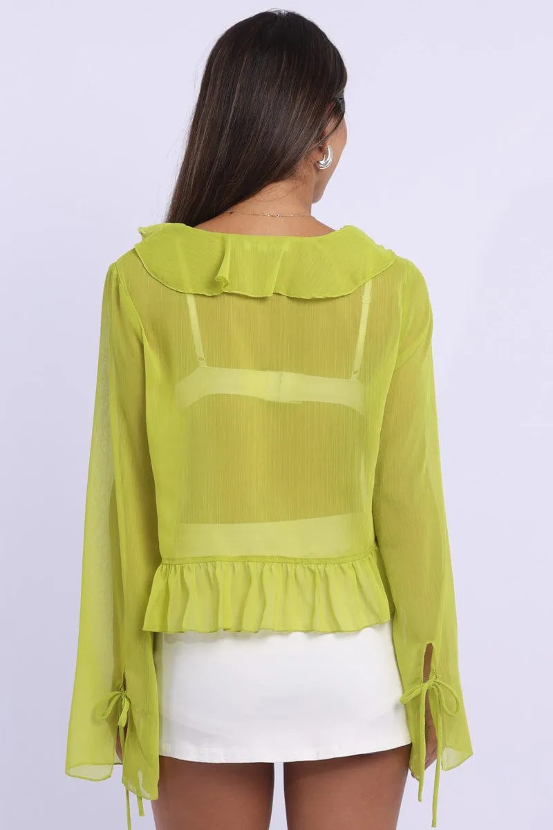Green Tie Up Top Long Sleeve V Neck Frilled Romantic sold by Ally Fashion product image thumbnail 4