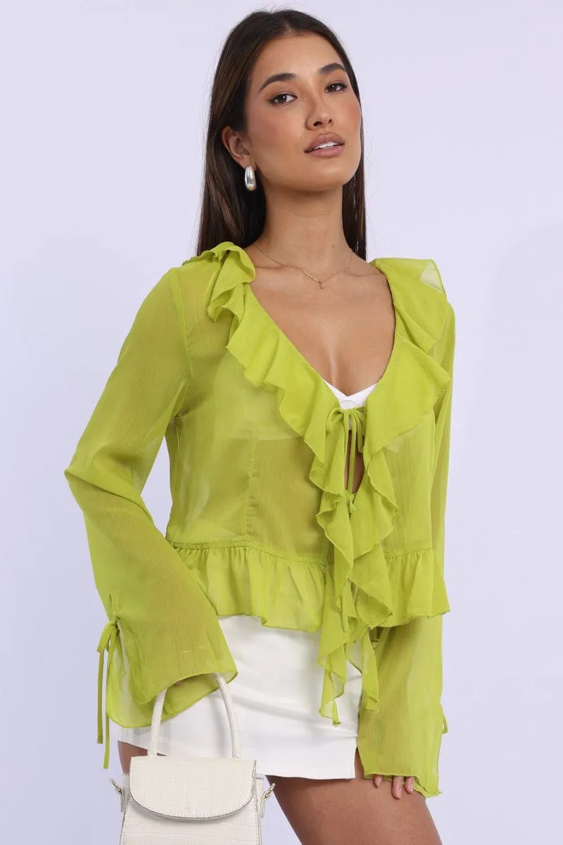 Green Tie Up Top Long Sleeve V Neck Frilled Romantic sold by Ally Fashion