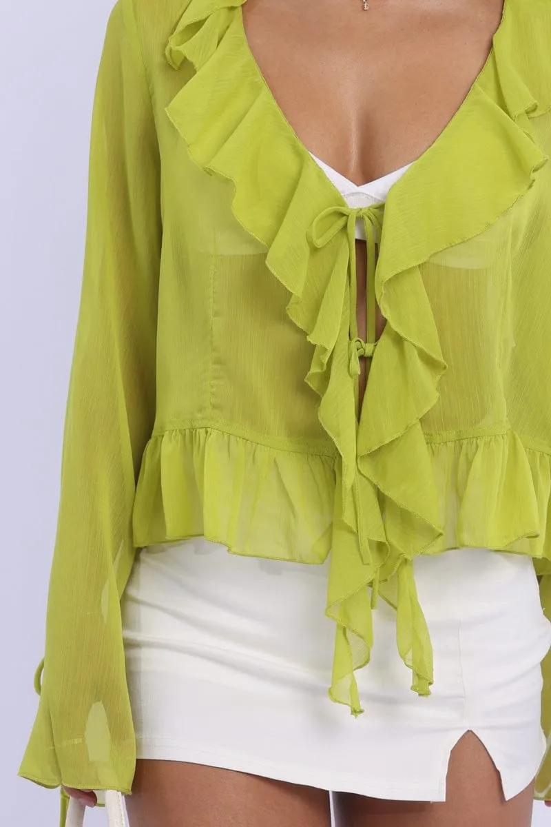 Green Tie Up Top Long Sleeve V Neck Frilled Romantic sold by Ally Fashion product image thumbnail 5