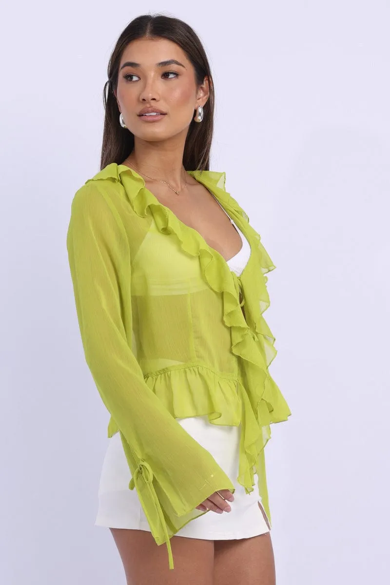 Green Tie Up Top Long Sleeve V Neck Frilled Romantic sold by Ally Fashion product image thumbnail 3