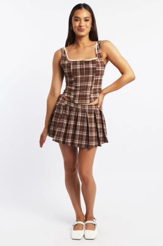 Beige Check Mini Skirt Skort Mid Rise Pleated Stretch Lining sold by Ally Fashion