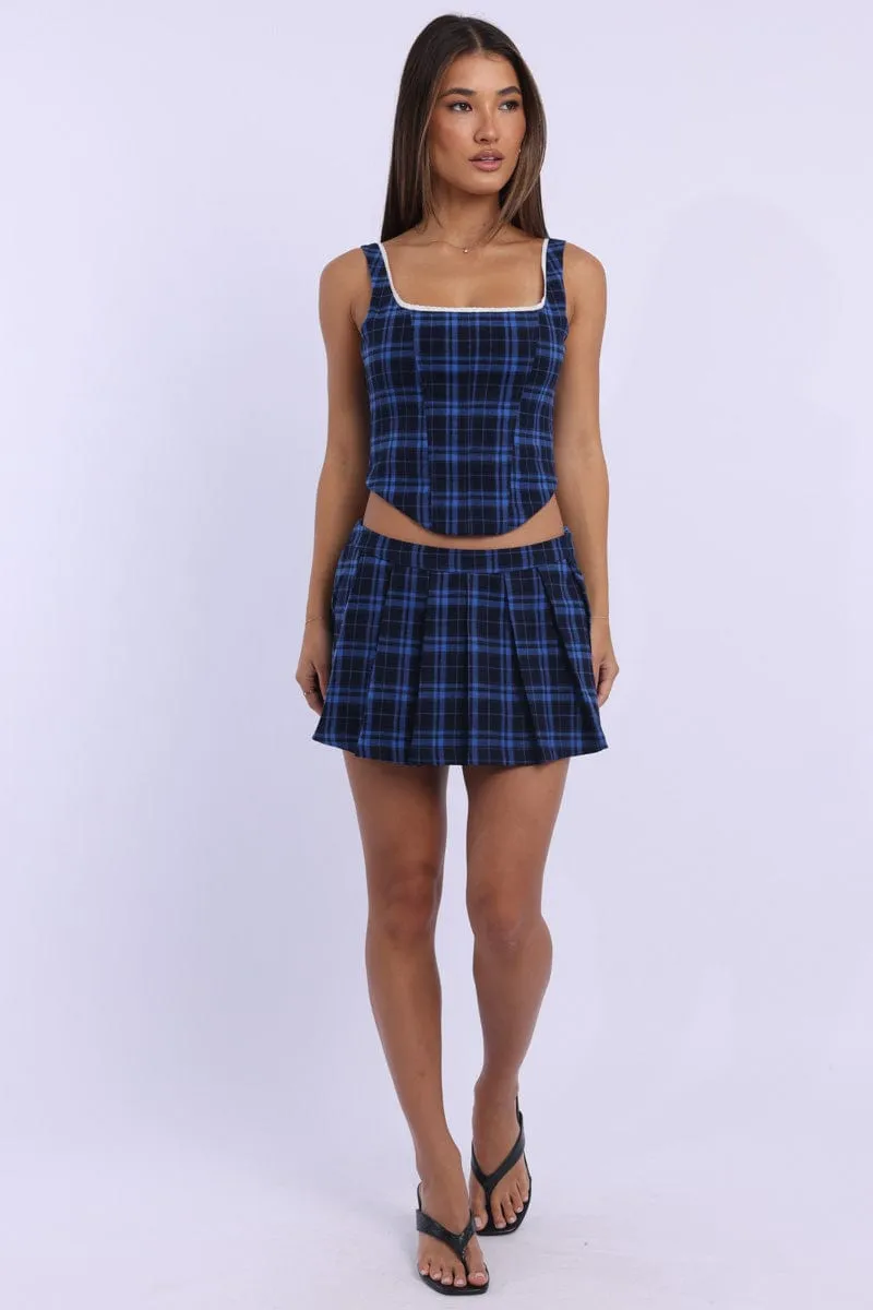 Blue Check Mini Skirt Skort Mid Rise Pleated Stretch Lining sold by Ally Fashion
