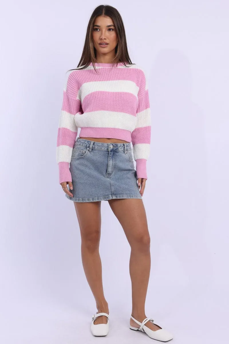 Pink Stripe Knit Top Long Sleeve Color Block sold by Ally Fashion product image thumbnail 2