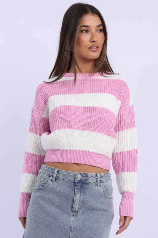 Pink Stripe Knit Top Long Sleeve Color Block sold by Ally Fashion
