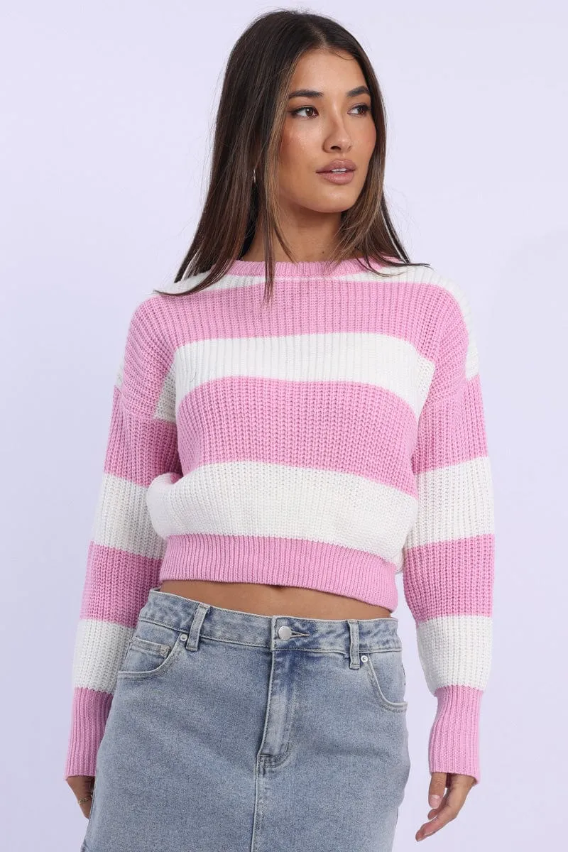 Pink Stripe Knit Top Long Sleeve Color Block sold by Ally Fashion