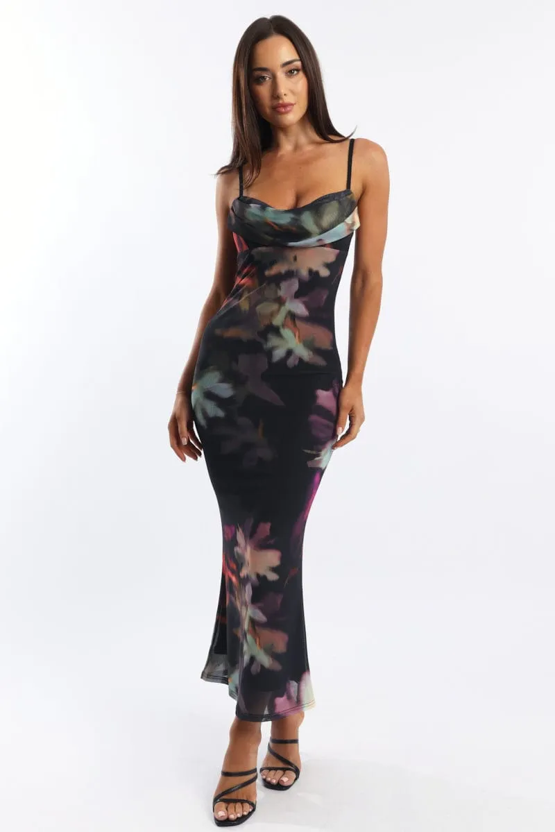 Black Floral Bodycon Dress Singlet Cowl Neck Maxi sold by Ally Fashion