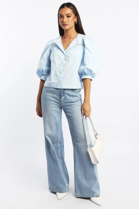 Blue Button Up Blouse Mid Sleeve Round Neck Lace Detail sold by Ally Fashion