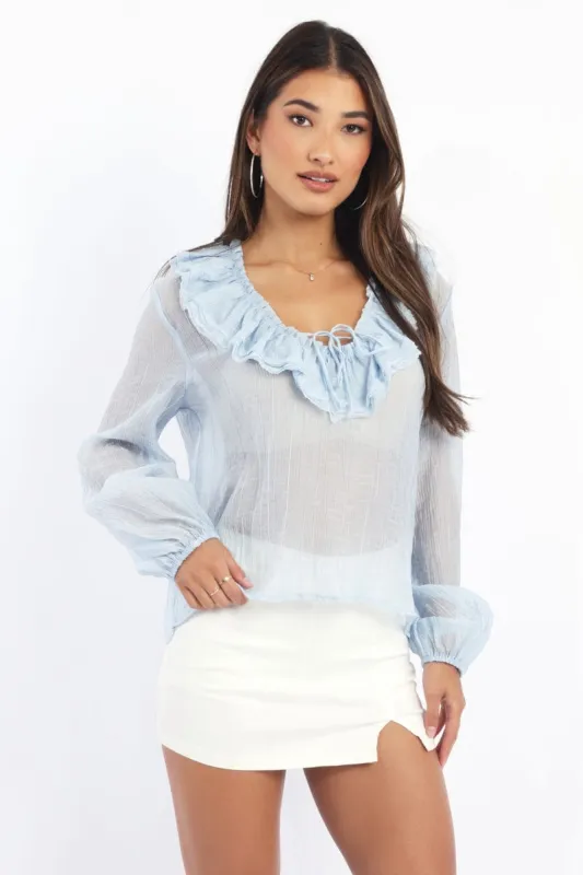 Blue Poet's Top V Neck Long Sleeve Frilled sold by Ally Fashion