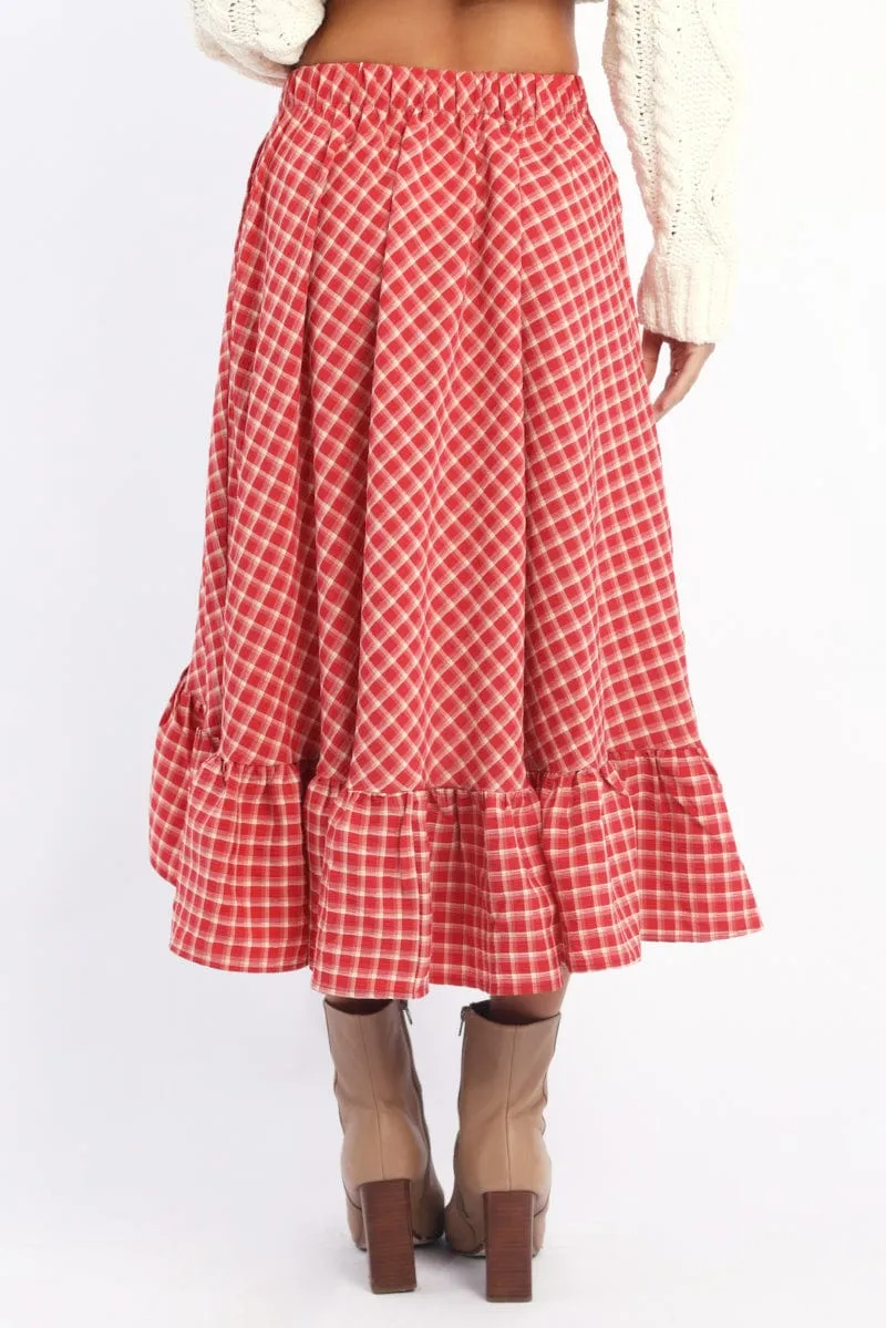 Red Check Asymmetric Midi Skirt Elastic Waist Frill Hem sold by Ally Fashion product image thumbnail 4