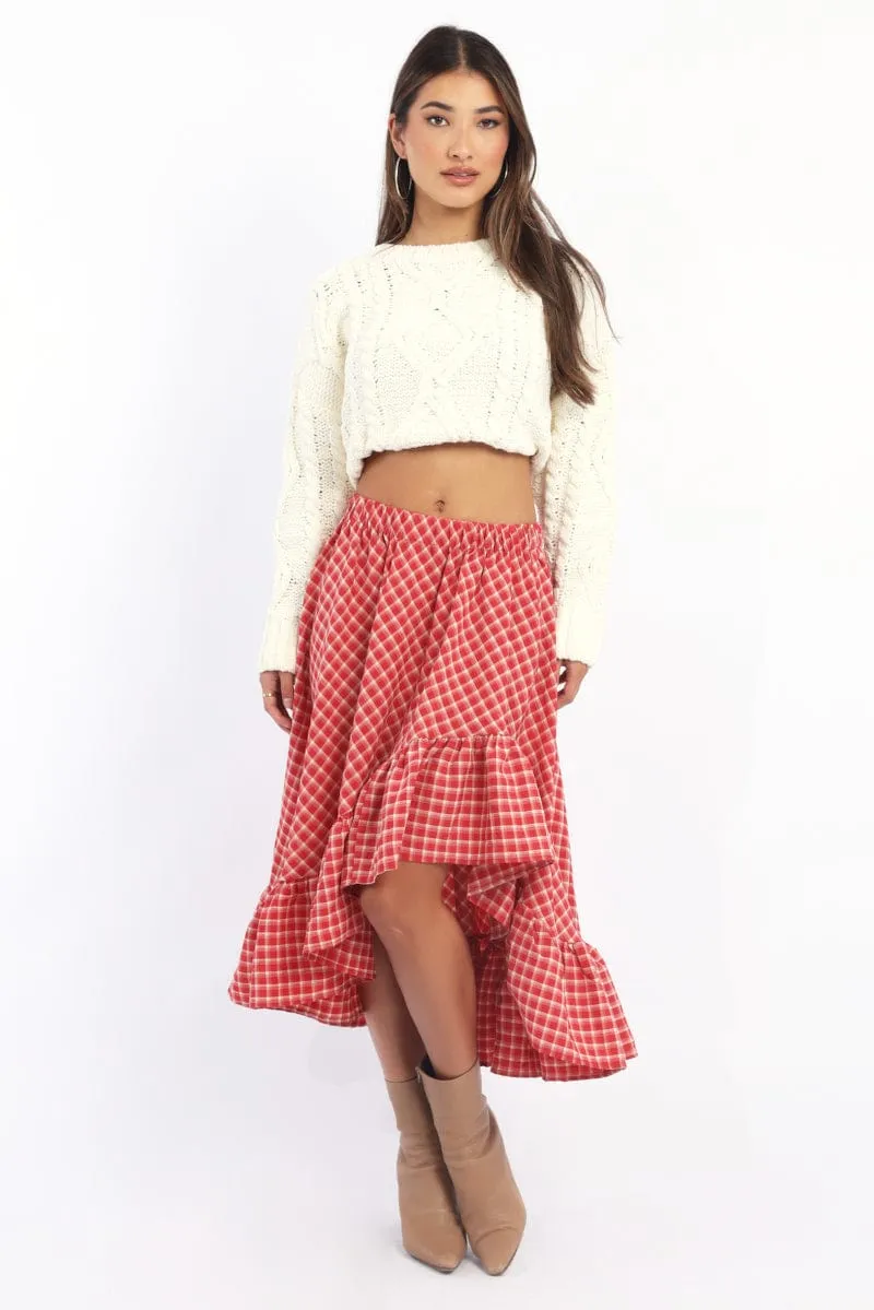 Red Check Asymmetric Midi Skirt Elastic Waist Frill Hem sold by Ally Fashion