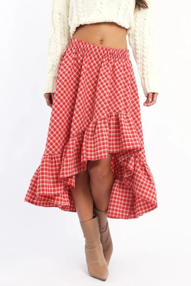 Red Check Asymmetric Midi Skirt Elastic Waist Frill Hem sold by Ally Fashion product image thumbnail 2