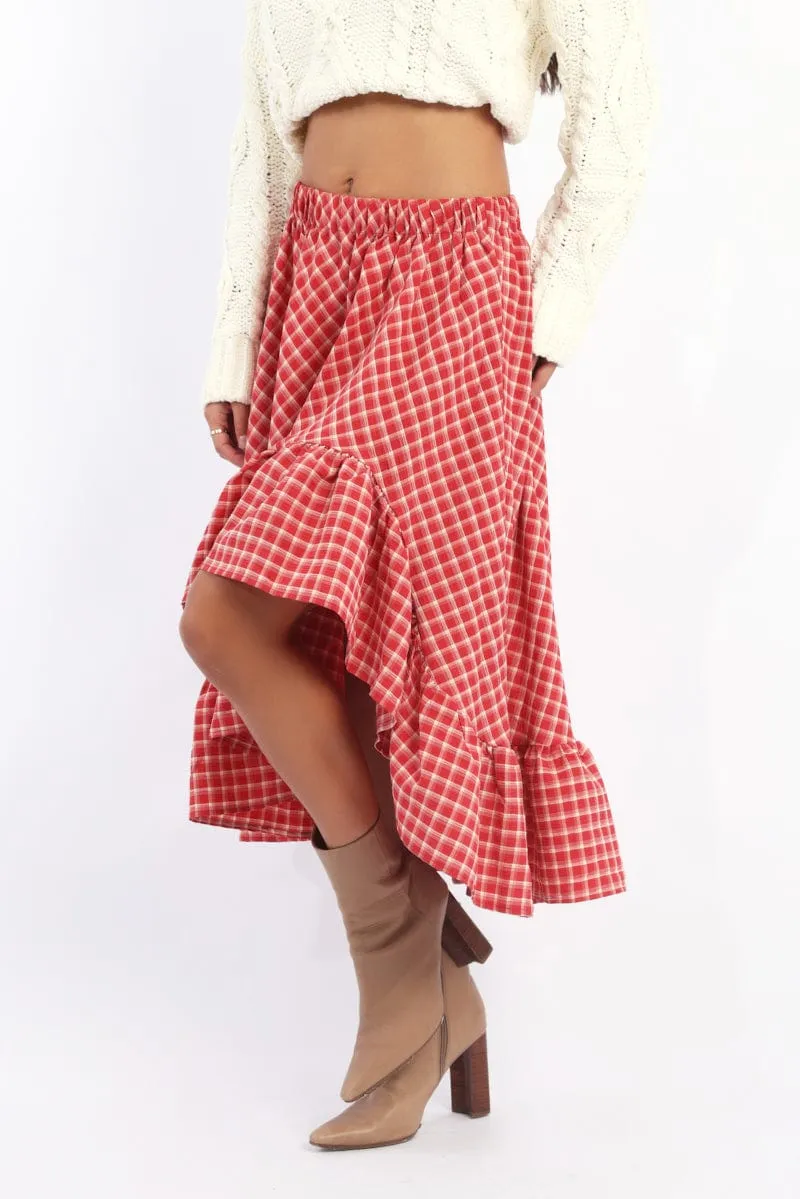 Red Check Asymmetric Midi Skirt Elastic Waist Frill Hem sold by Ally Fashion product image thumbnail 3