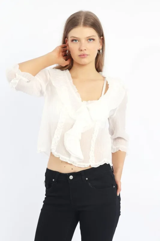 White Ruffled Top Mid Sleeve V-neck Poet's Blouse sold by Ally Fashion