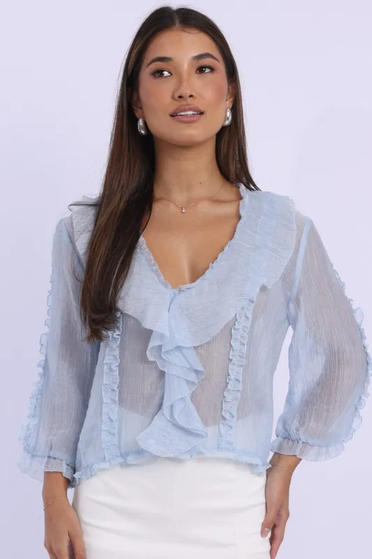 Blue Ruffled Top Mid Sleeve V-neck Poet's Blouse sold by Ally Fashion