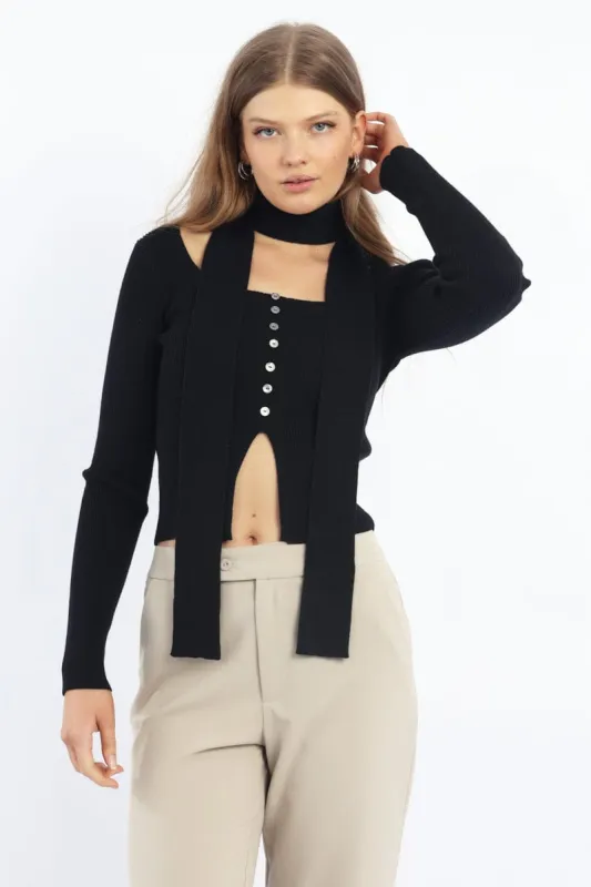 Black Knit Top Long Sleeve Scarf sold by Ally Fashion