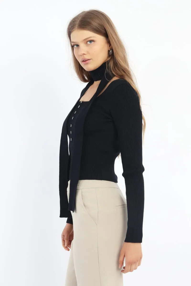 Black Knit Top Long Sleeve Scarf sold by Ally Fashion product image thumbnail 3