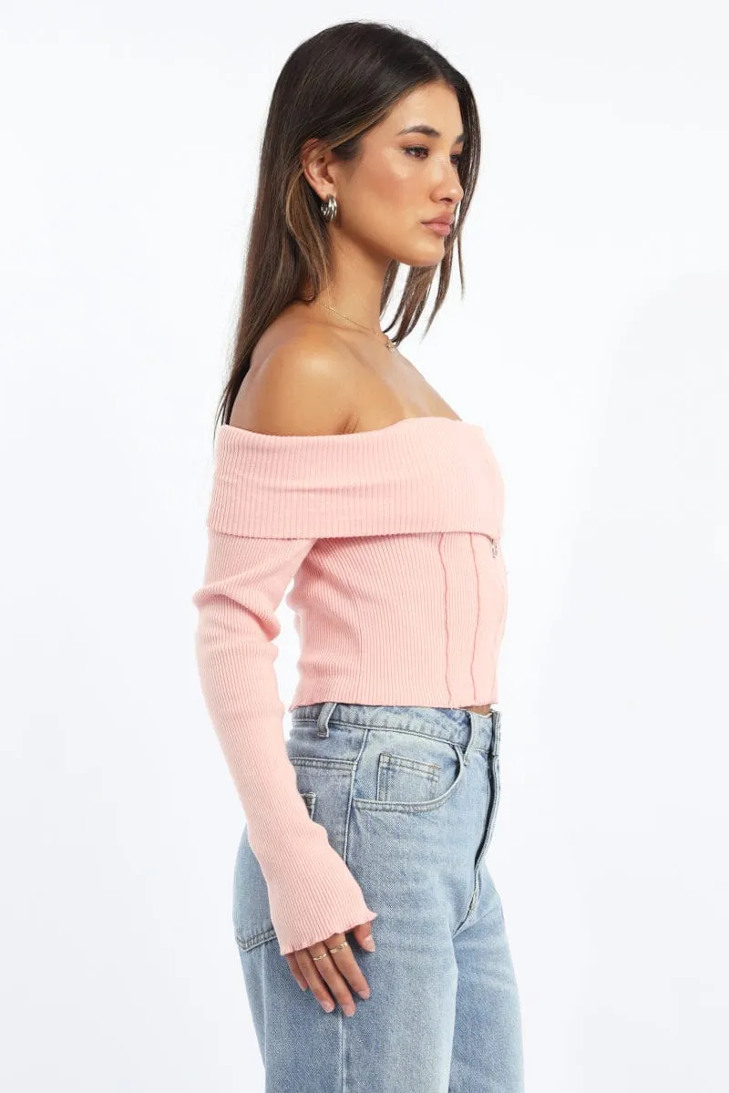 Pink Knit Top Long Sleeve Off Shoulder Zip Front sold by Ally Fashion product image thumbnail 3