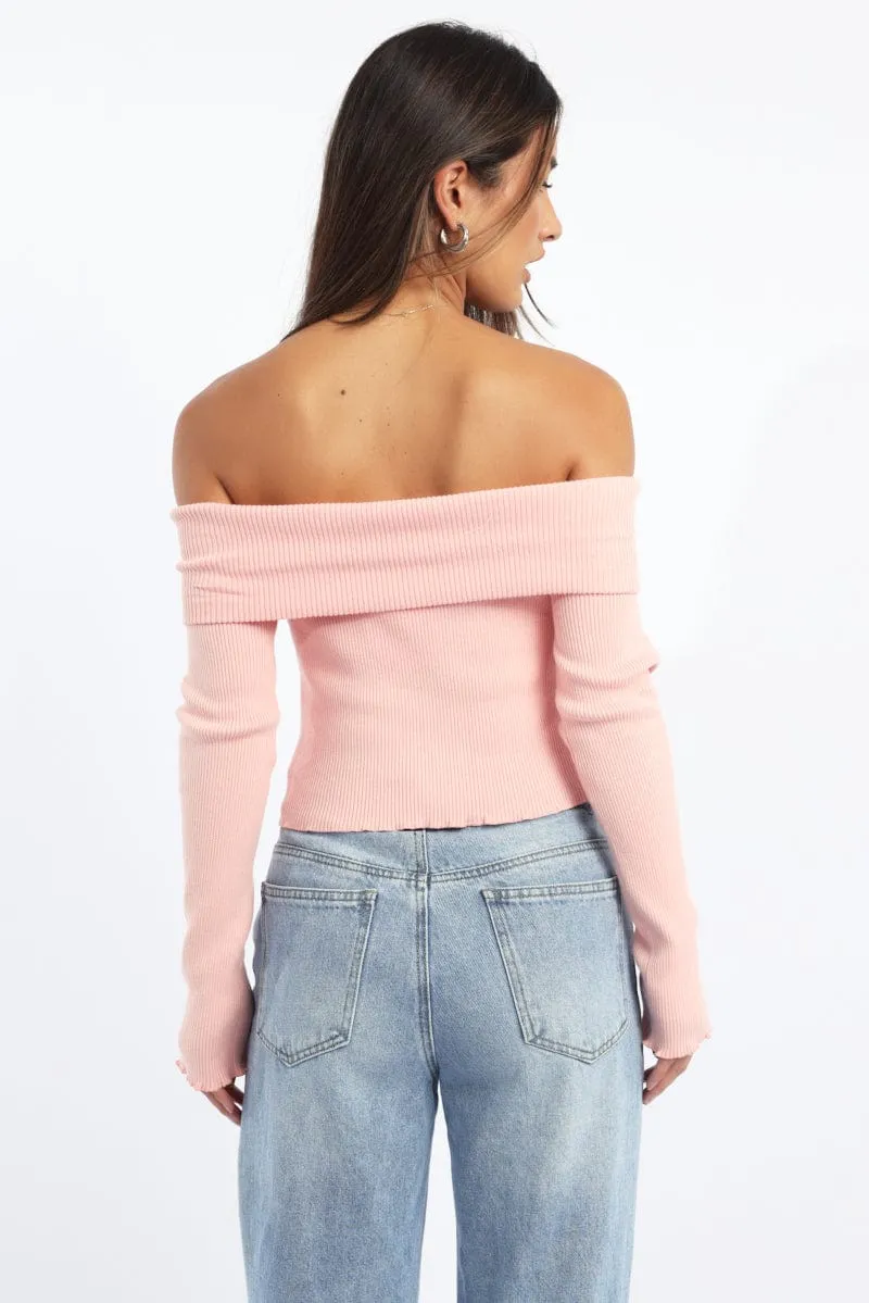 Pink Knit Top Long Sleeve Off Shoulder Zip Front sold by Ally Fashion product image thumbnail 4