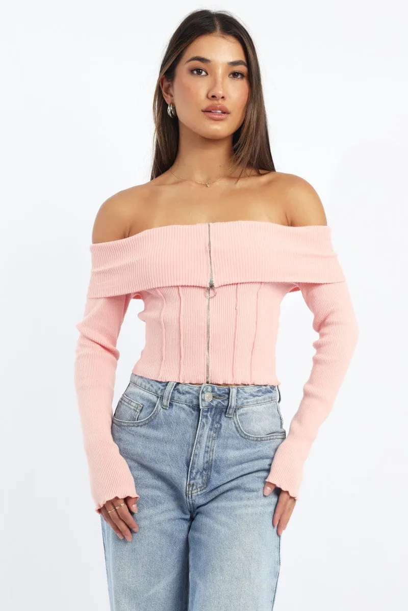 Pink Knit Top Long Sleeve Off Shoulder Zip Front sold by Ally Fashion