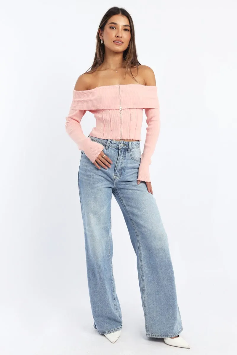 Pink Knit Top Long Sleeve Off Shoulder Zip Front sold by Ally Fashion product image thumbnail 2