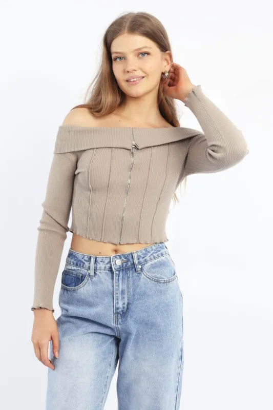 Green Knit Top Long Sleeve Off Shoulder Zip Front sold by Ally Fashion