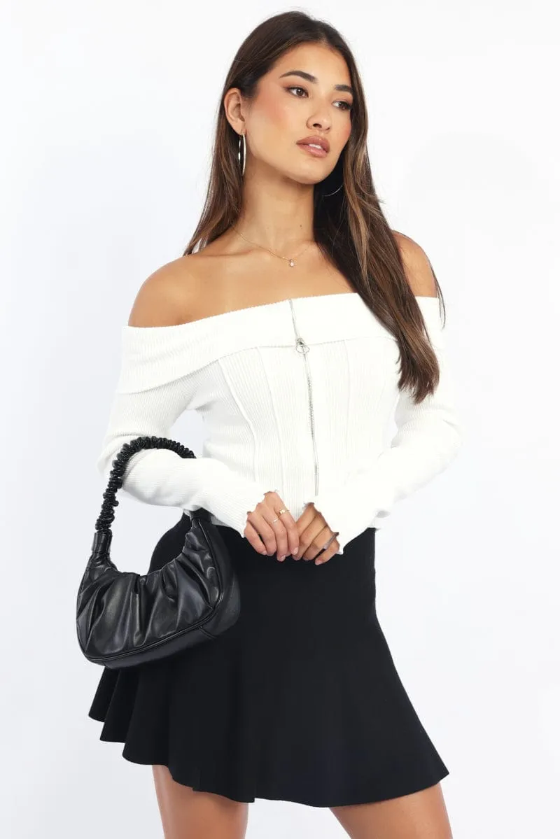White Knit Top Long Sleeve Off Shoulder Zip Front sold by Ally Fashion