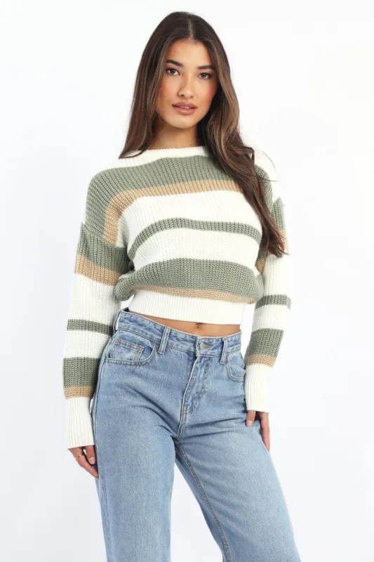 Green Stripe Knit Top Long Sleeve Color Block sold by Ally Fashion