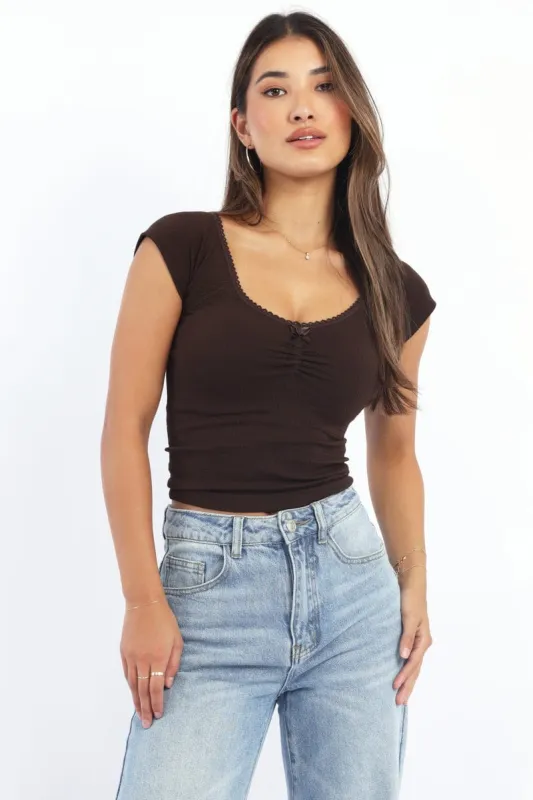 Brown Seamless Top Short Sleeve Picot Trim Rib sold by Ally Fashion