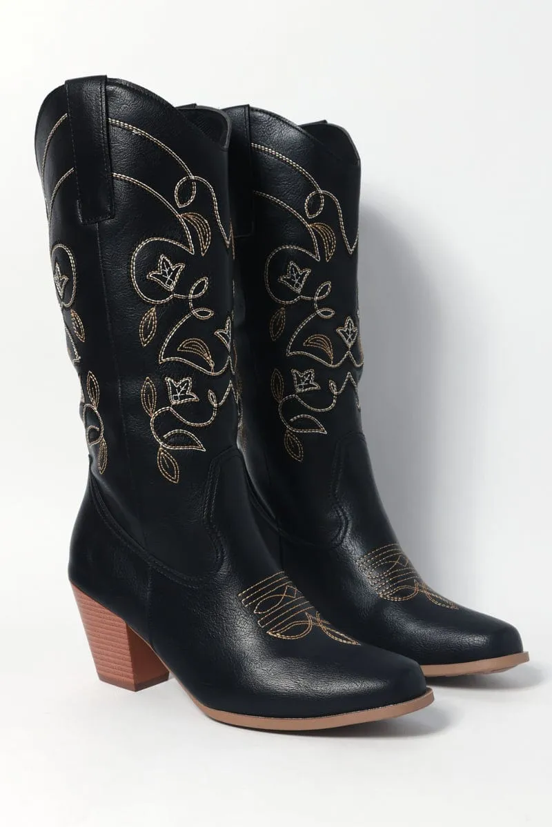 Black Embroidered Western Cowboy Boots sold by Ally Fashion