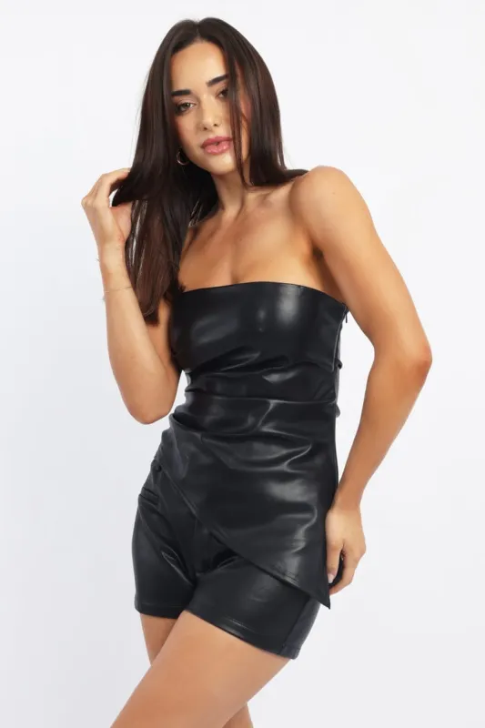 Black PU Bandeau Top Gathered Slight Stretch sold by Ally Fashion