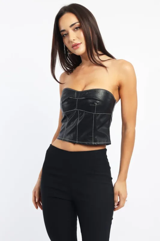 Black PU Corset Bandeau Sleeveless Sweetheart Neckline sold by Ally Fashion