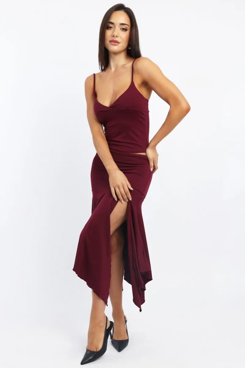 Red Scarf Hem Skirt High Rise Midi Asymm Supersoft sold by Ally Fashion